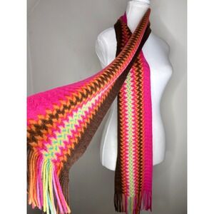 Vintage Y2K Chevron Knit Long Winter Neck Scarf Zigzag Multicolored Funky Fringe